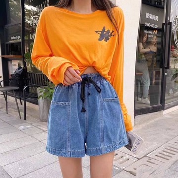 La Belleza鬆緊腰黑色抽繩側口袋牛仔短褲