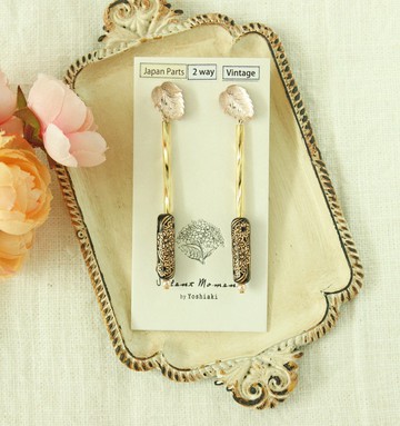 雕花黑金長條x淡粉紅水晶葉耳針2way日本金屬配件