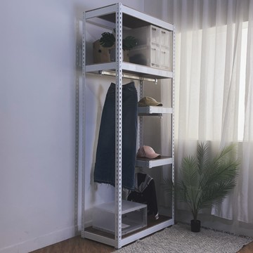 【空間特工】開放式衣架 免螺絲角鋼  90x45x210cm白角鋼+柚木棕貼皮板