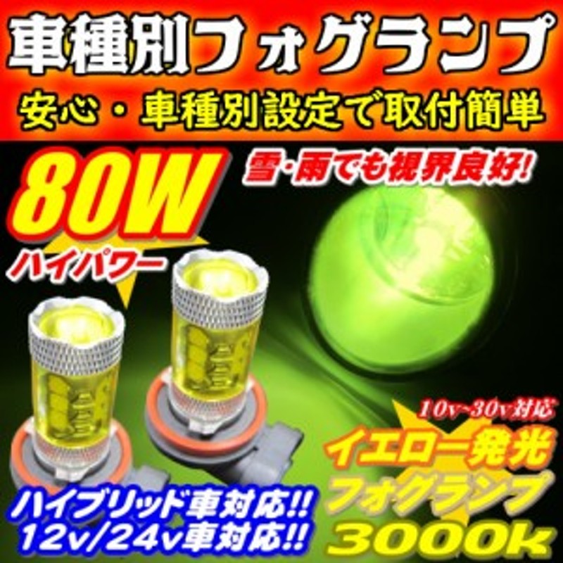 雪雨霧・悪天候に活躍 80w イエロー発光 LEDフォグランプ セット【 ウィッシュ ZGE2# H21.04～H24.03 H8/H11/H16 】 車種別設定 3000k | LINEショッピング