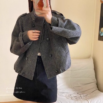 BAi白媽媽 呢料短款外套／立領雙排扣冬季短版夾克－【350678】