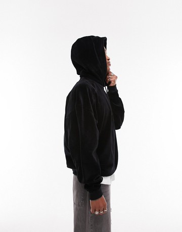 Topman oversized velour hoodie in black