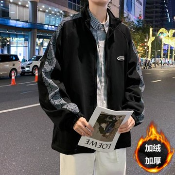 腰果花拼接夾克男秋冬潮流寬松痞帥加絨潮牌港風百搭休閑上衣外套