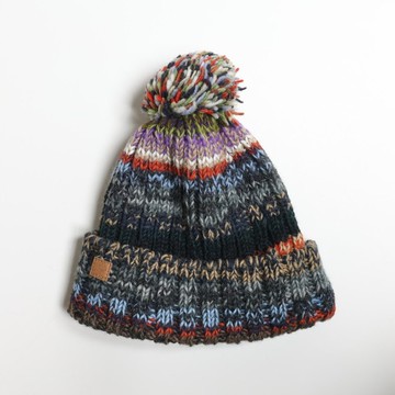 /精品/童成人北歐坑條深藍配色翻邊堆堆帽毛球純羊毛帽子半襯防風