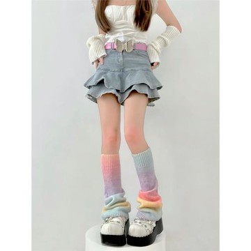 喇叭襪套JK穿搭彩虹漸變針織保暖辣妹亞文化小腿套堆堆毛線闊腿套