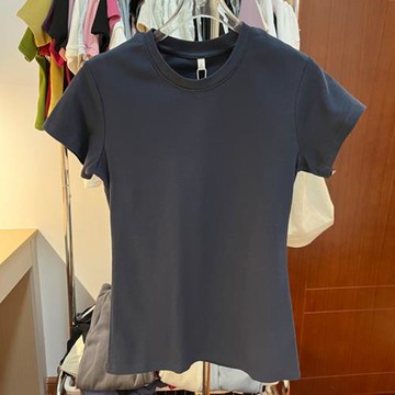 2024新款正肩短袖t恤女修身緊身棉質純色小圓領打底衫夏內搭上衣