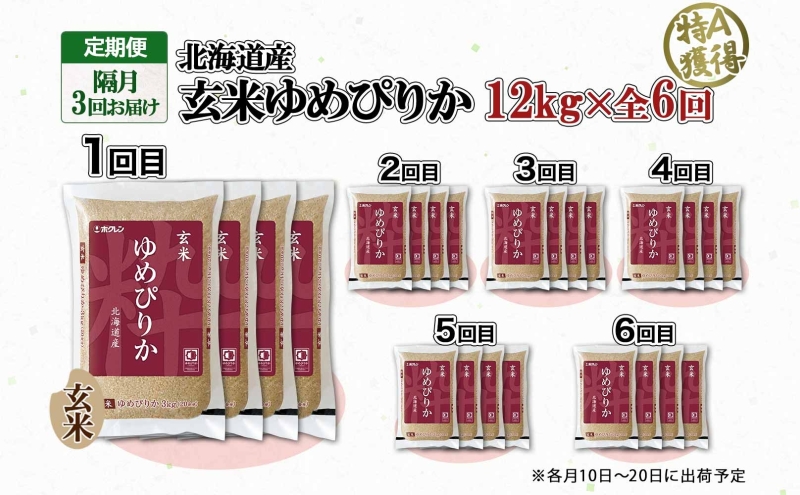 定期便 隔月6回 北海道産 ゆめぴりか 玄米 3kg×4袋 計12kg 小分け 米 特A 国産 ごはん グルメ 食物繊維 ヘルシー お取り寄せ 備蓄 長期保存 プレゼント 贈答 ギフト ようてい農業協同組合 ホクレン 送料無料 北海道 倶知安町