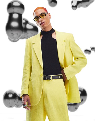 ASOS DESIGN slim longline suit jacket in yellow plisse