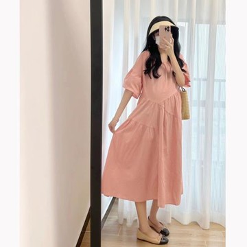 孕婦裝連衣裙夏裝荷葉袖寬松大碼裙子夏季粉色套裝長裙小個子夏款