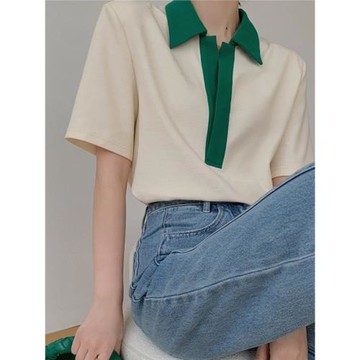 撞色短袖正肩polo領T恤女夏季設計感小眾別致墊肩翻領寬松上衣薄