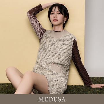現貨【MEDUSA 曼度莎】米卡其羊毛毛呢編織拼接背心（M-XL）｜女羊毛背心 女造型背心