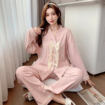 2022新款粉色睡衣女士春秋季棉質長袖開衫高級感家居服秋冬款套裝