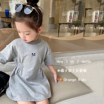 Orange Kids🍊【90-160】夏季女童連身裙 中長款可愛女寶寶束腰裙 洋氣小童T恤裙 女童韓版收腰裙 女童洋裝