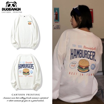 國潮字母漢堡衛衣女2021年春秋加絨圓領韓版寬松復古chic港風上衣