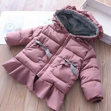 秋冬款女童寶寶可愛小蝴蝶結印花荷葉邊連帽加厚童棉衣棉襖外套