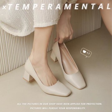 香港真皮高跟鞋女粗跟2025春秋中跟職業工作鞋不累腳方頭淺口單鞋