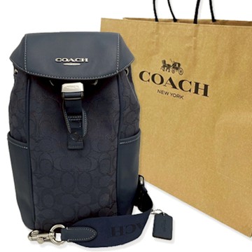 COACH 經典C LOGO釦環中性男款水桶單肩包附紙袋(緹花織布-深藍)