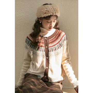 文藝復古圓領毛衣外套女2026春季新款森系民族風寬松軟糯開衫上衣