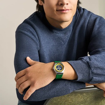 【FOSSIL】限時9折↘Big Tic World Flags系列世足限定手錶-巴西配色 綠色橡膠錶帶 40 MMLE1243
