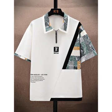 半拉鏈polo衫男短袖夏季潮牌冰絲速干翻領t恤男寬松休閑半袖體恤