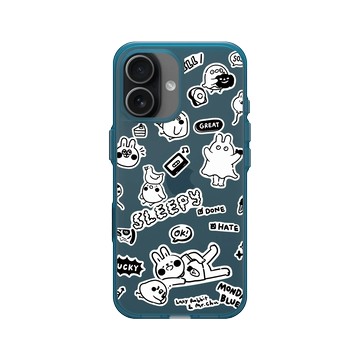 iPhone 17 Clear (相機按鈕) 夜幕藍 - 懶散兔與啾先生 Lazy Rabbit and Mr.Chu - 黑白塗鴉