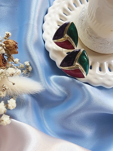 美國西洋古董飾品 / 復古三角色系金線夾式耳環/早期珠寶首飾