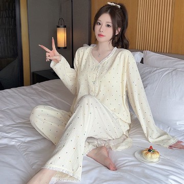 【藍尼居家】現+預 雲棉帶胸墊開襟家居睡衣(女睡衣/家居服)