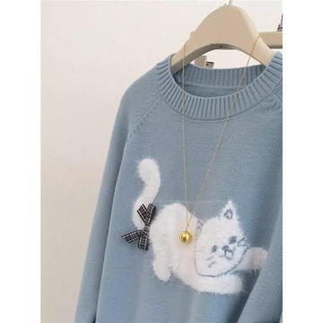 藍色小貓圓領套頭羊絨毛衣女2024冬正肩寬松內搭小個子針織衫上衣