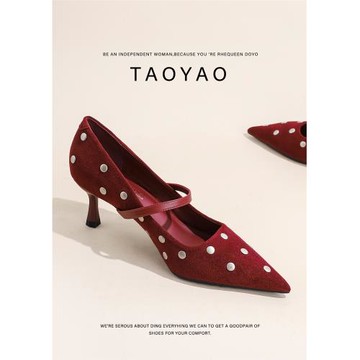 超火紅色瑪麗珍高跟鞋女細跟2025春季新款氣質波點小眾設計感單鞋