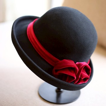 黑色羊毛呢禮帽漁夫帽絲絨大花朵毛呢盆帽女秋冬帽子女韓版百搭1入