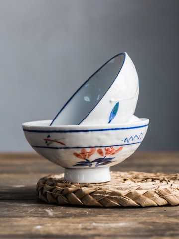 億嘉中式陶瓷餐具飯碗單個家用高腳防燙米飯碗小碗甜品碗水杯青戀