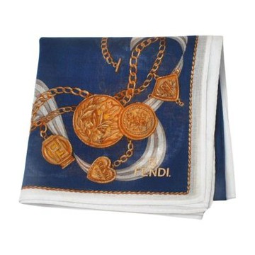 FENDI 經典字母深藍底金鍊徽章圖騰字母LOGO帕巾(46CM)