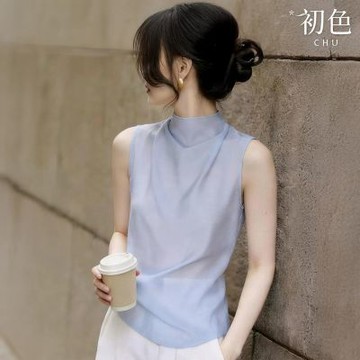 初色 韓系純色輕薄透氣半高領無袖背心上衣女上衣-淺藍色-52397(M-XL可選)