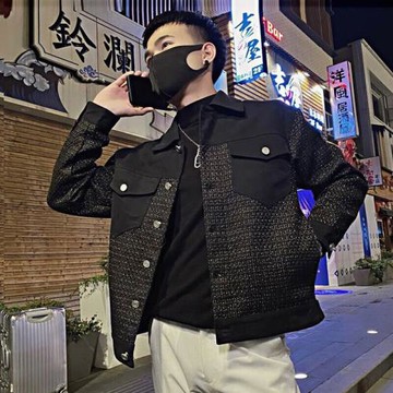 潮牌痞帥夾克男士潮流牛仔拼接小香風外套春秋季潮男休閑春裝褂子