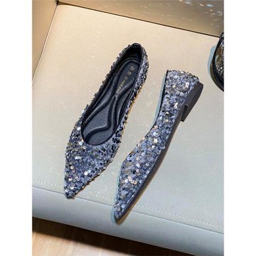 小香風法式亮片尖頭平底鞋女2025新款秋季淺口瓢鞋軟底舒適奶奶鞋