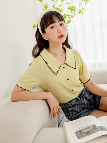 涼感．舒涼雪紡排釦勾花上衣