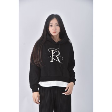 (F) pink pouch質感假兩件黑色長袖上衣二手衣