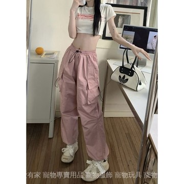免運 台灣出貨 新款高腰休闲束口运动裤美式2024年夏季工装阔腿裤宽松降落伞裤子限時下殺