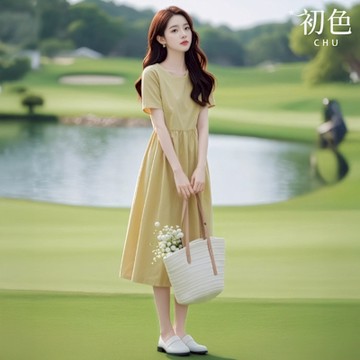 初色 純色氣質圓領短袖修身中長連衣裙連身洋裝-黃綠色-11707(M-XL可選)