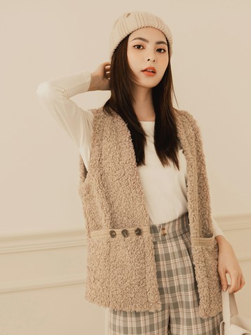 保暖羊羔絨異材質拼接口袋外搭背心