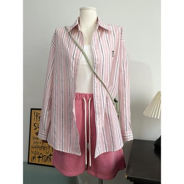 粉色刺繡豎條紋襯衫女設計感小眾法式上衣春秋款寬松百搭長袖襯衣