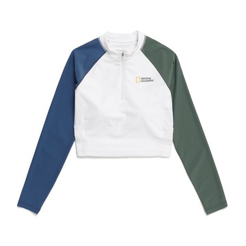 女裝 BRA TOP 短版長袖 拼色 防曬衣 - 藍綠色