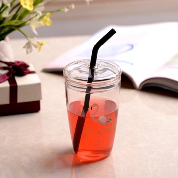 創意卡通玻璃杯耐熱玻璃吸管杯成人帶吸管帶蓋果汁飲料牛奶花茶杯