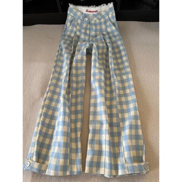 藍色格子闊腿褲子直筒褲女早春薄款高腰垂感小個子紐扣寬松拖地褲