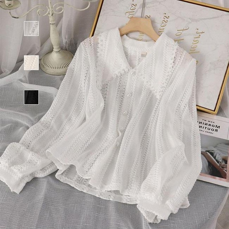 シャツブラウス レースブラウス 襟付き 可愛い 総レース 花柄モチーフ  