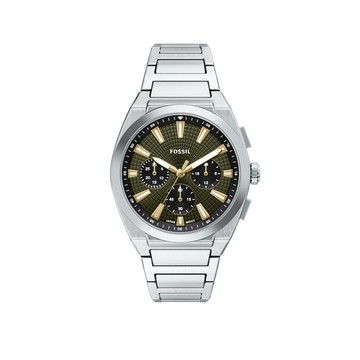Everett 圓形銀殼橄欖綠面三眼計時不鏽鋼鍊帶錶 銀色不鏽鋼錶帶 44 MM FS6183