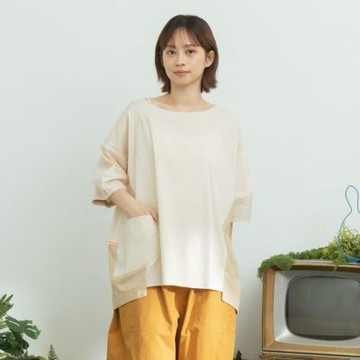【MOSS CLUB】配色拼接亮色織帶落肩寬鬆上衣 米 灰