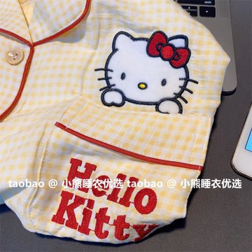 2025夏季卡通KT貓格子梭織棉睡衣女生可愛日系短袖短褲家居服套裝