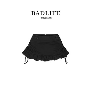 BADLIFE - Asteraceae 正品｜黑色荷葉邊針織短裙｜高腰A字顯瘦半身裙｜甜酷百搭