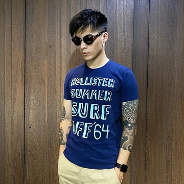 美國百分百【全新真品】Hollister Co. 短袖 純棉 T恤 HCO 上衣 英文 T-shirt 深藍 AL06